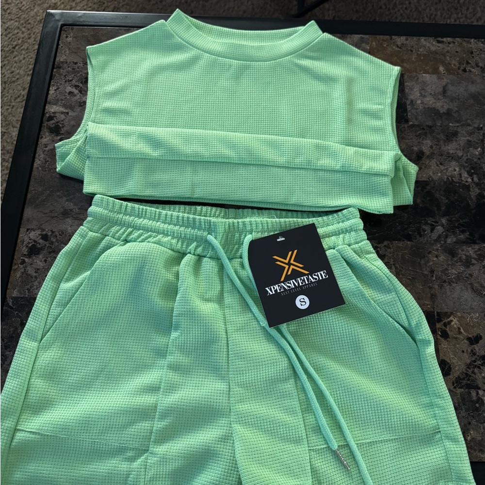Green crop top and shorts outfit
